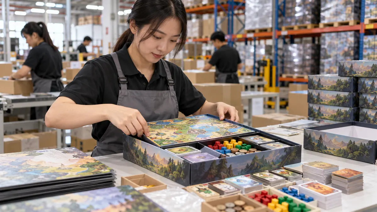 Warehouse worker kitting a board game box with cards, meeples and dice