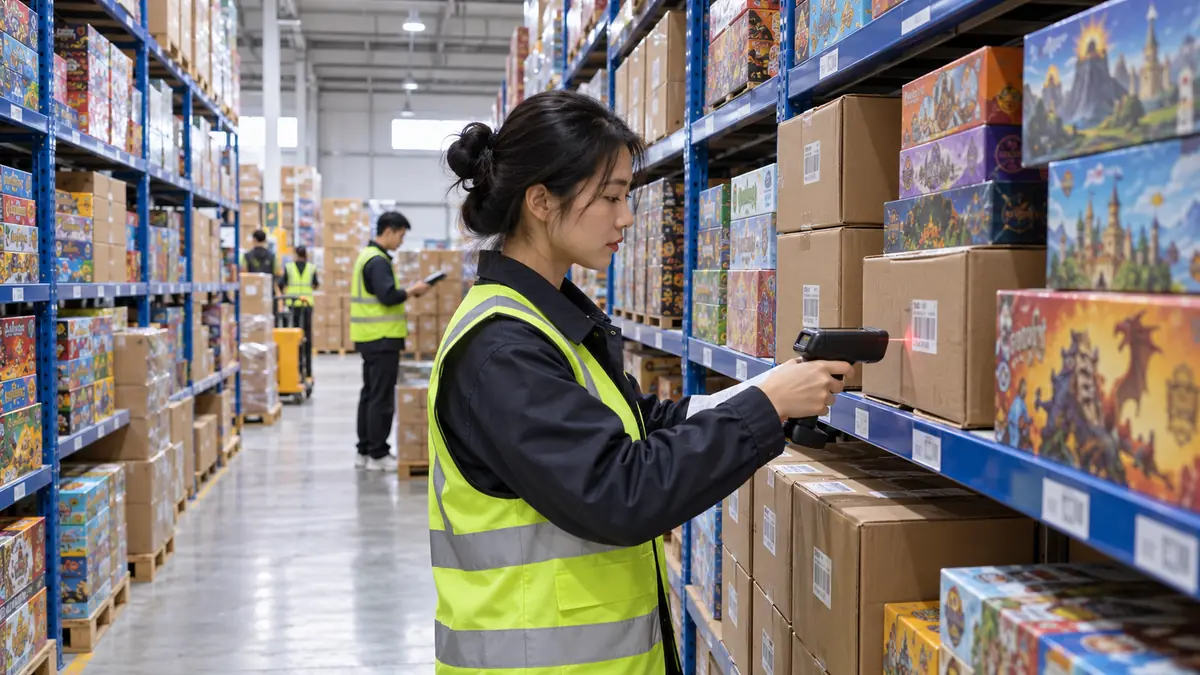 Warehouse staff scanning shelved board game inventory for ecommerce orders