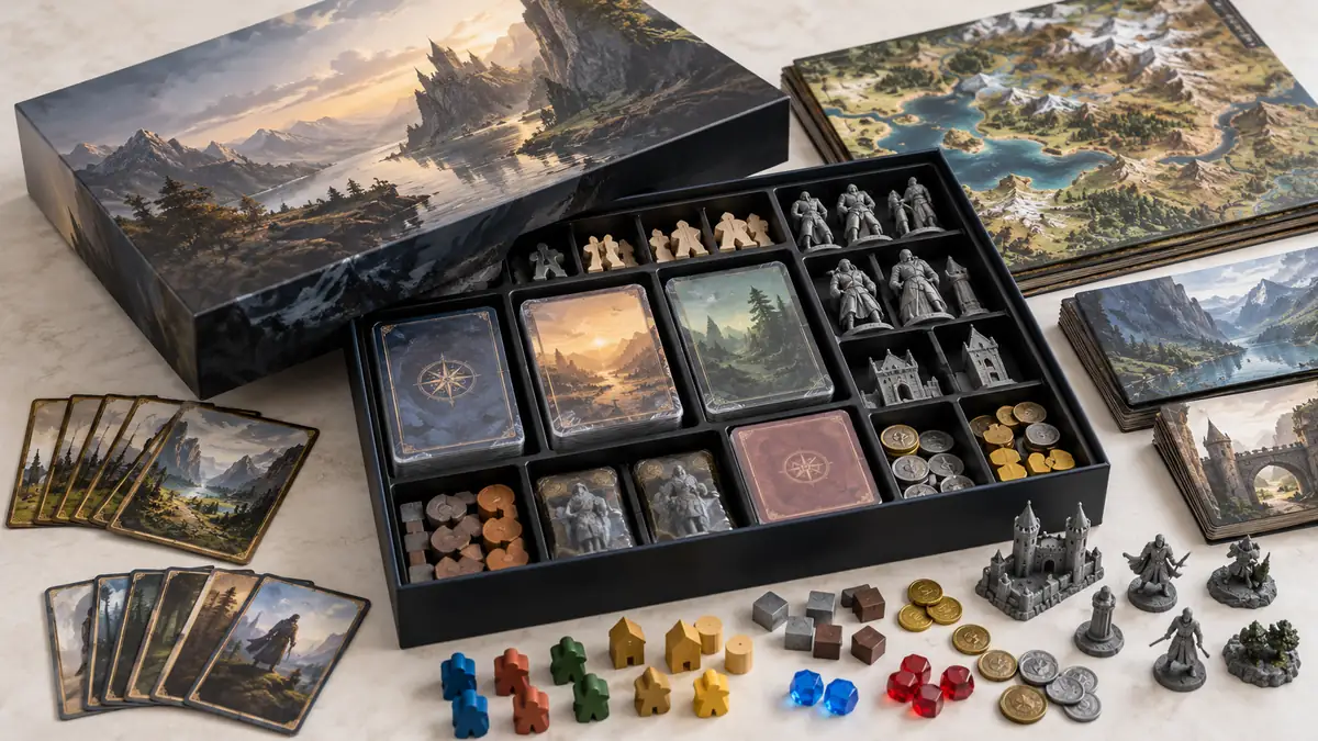 Collector edition board game with miniatures, cards and add-on components for pledge tiers