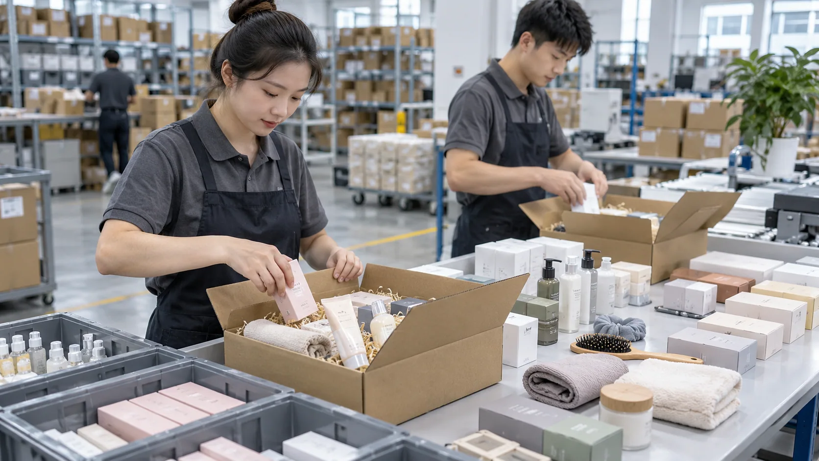 Chinese ecommerce warehouse staff packing customer orders